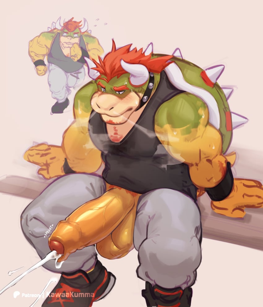 1boy absurd_res anthro balls big_balls big_bulge big_penis blush blush_lines bodily_fluids body_hair bottomwear bowser breath bulge chest_hair clothed clothing cum cumshot detailed_bulge dialogue ejaculation english_text erection footwear foreskin fully_clothed furry furry_male furry_only genital_fluids genital_outline genitals grey_sweatpants hair hands-free hi_res horn huge_cock humanoid_genitalia humanoid_penis jogging kawaakumma koopa male male_only mario_(series) muscular muscular_anthro muscular_male nintendo pants penis penis_outline red_hair reptile scales scalie shell shirt shoes sitting sneakers solo speech_bubble spiked_shell spikes spikes_(anatomy) sweatpants tank_top text topwear yellow_body yellow_scales