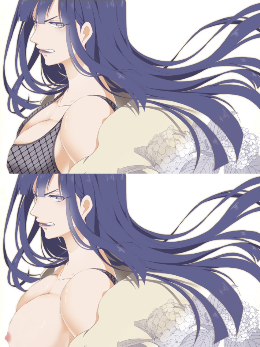 angry areolae bare_shoulders breasts cleavage female female_only fishnet_top hyuuga_hinata hyuuga_hinata_(naruto:_road_to_ninja) long_hair looking_aside looking_at_viewer makeup naruto naruto:_road_to_ninja naruto_(series) naruto_shippuden nipples off_shoulder purple_hair purple_lips see-through see-through_top sideboob split_screen violet_eyes 老夏