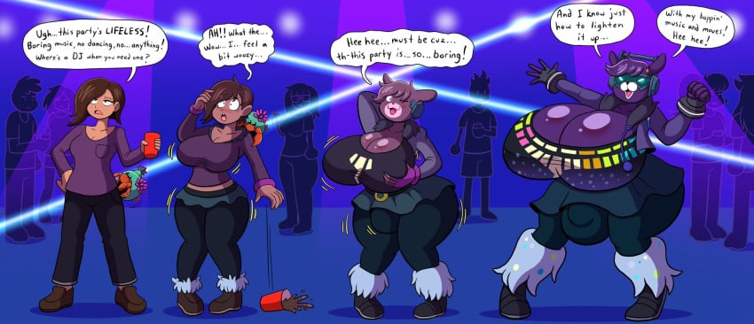 anthro bear_girl breast_expansion breast_grab breasts brown_hair bulge color crop_top dark_skin dialogue dj_bop_(fortnite) english_text femsub fortnite furry futanari futasub glasses gloves happy_trance headphones hyper_breasts leg_warmers leggings miniskirt open_mouth prinnydood purple_skin shoes tagme text transformation