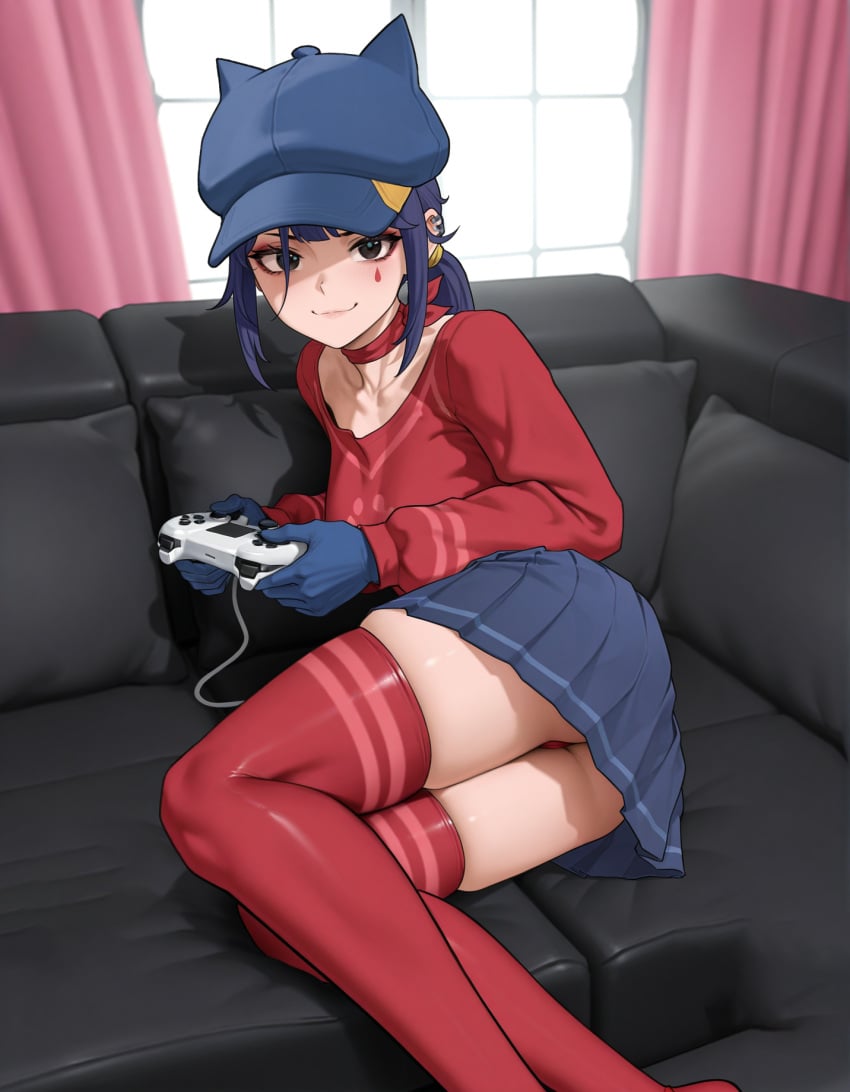 1girls ai_generated ass blue_eyes choker controller cool_mita_(miside) couch female gamer_girl hat looking_at_viewer miside mita_(miside) on_couch skirt thighhighs video_games