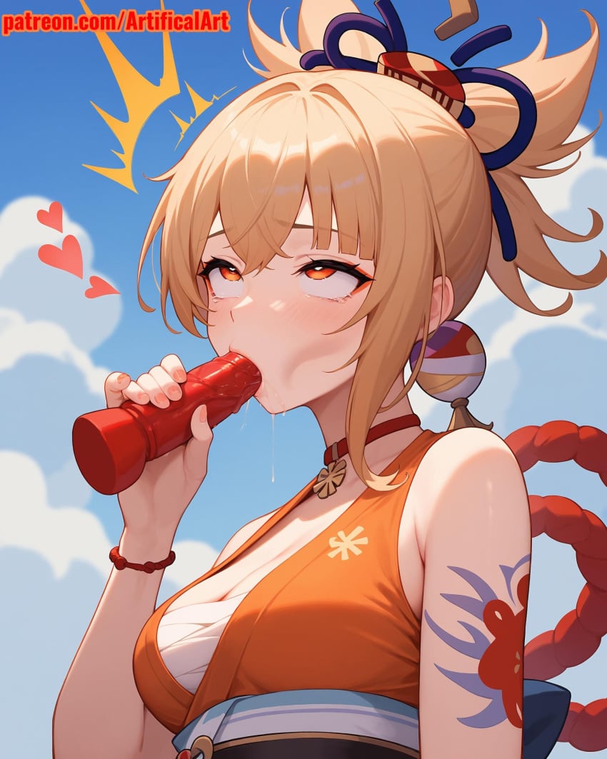 1girls ai_generated artifical_art blonde_female blonde_hair blush dildo dildo_in_mouth genshin_impact girl hair_ornament medium_hair orange_eyes perfect_body red_choker rolling_eyes sex_toy solo sucking sucking_dildo yoimiya_(genshin_impact)