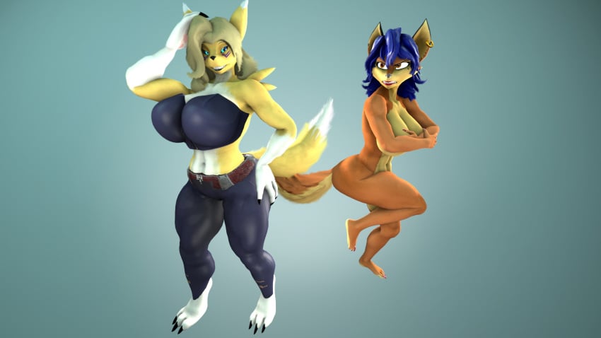 16:9 2020 3_toes 3d amber_eyes angry anthro anthro_only bandai_namco barefoot big_breasts black_body black_fur black_sclera blonde_hair blue_eyes blue_hair breasts canid canine carmelita_fox claws clothing crossover digimon digimon_(species) digital_media_(artwork) duo ear_piercing fan_character feet female fox fur grey_background hair hi_res huge_breasts mammal mommyosha multicolored_body multicolored_fur multicolored_tail nude orange_body orange_fur piercing simple_background sly_cooper_(series) sony_corporation sony_interactive_entertainment sucker_punch_productions tail taomon toes topwear white_body white_fur widescreen yellow_body yellow_fur