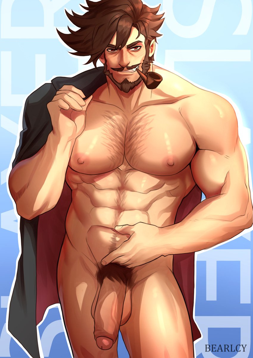 beard bearlcy big_penis brown_hair cape facial_hair gay guilty_gear guilty_gear_strive hairy_chest jacket looking_at_viewer male male_only moustache muscles muscular muscular_male naked nipples nude penis pubic_hair red_eyes signature slayer_(guilty_gear) smile smiling smoking_pipe vampire vampire_fangs vampire_teeth veiny_penis