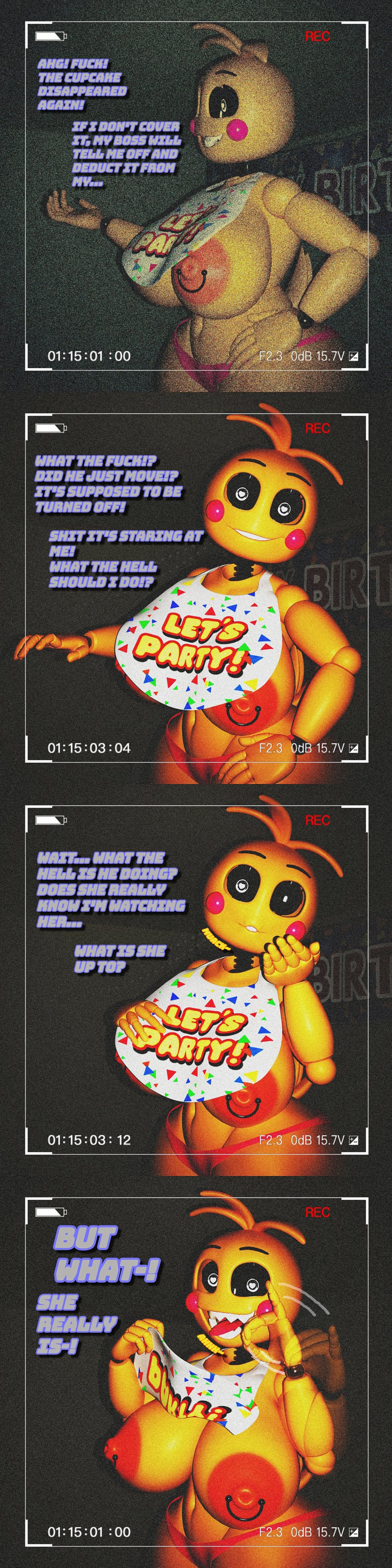 3d big_breasts breasts_out camera_view comic douod english_text five_nights_at_freddy's fnaf handjob_gesture looking_at_viewer nipple_piercing nipples smiling_at_viewer solo tagme text thick_ass thick_thighs toy_chica_(fnaf) toy_chica_(love_taste)