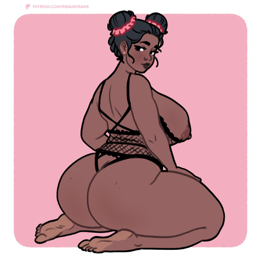 1girls areolae ass breasts breasts_bigger_than_head ear_piercing female hair_bun hands_on_thighs large_ass large_breasts lingerie looking_back pin-up pose risquedraws