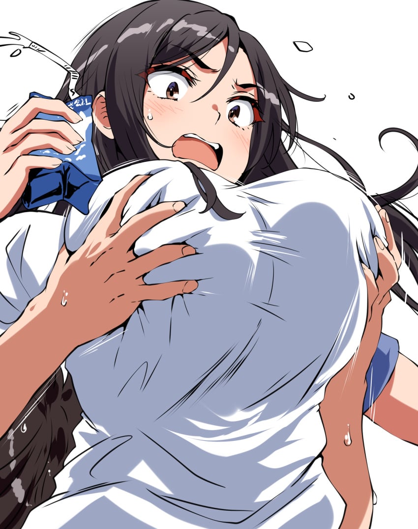 1boy 1girls assault belko big_breasts black_hair blush breast_grab breasts female female_focus fukiyose_seiri grabbing grabbing_another's_breast grabbing_breasts grabbing_from_behind hair hi_res large_breasts light-skinned_female light_skin long_hair milk_carton shirt simple_background to_aru_majutsu_no_index white_background white_shirt