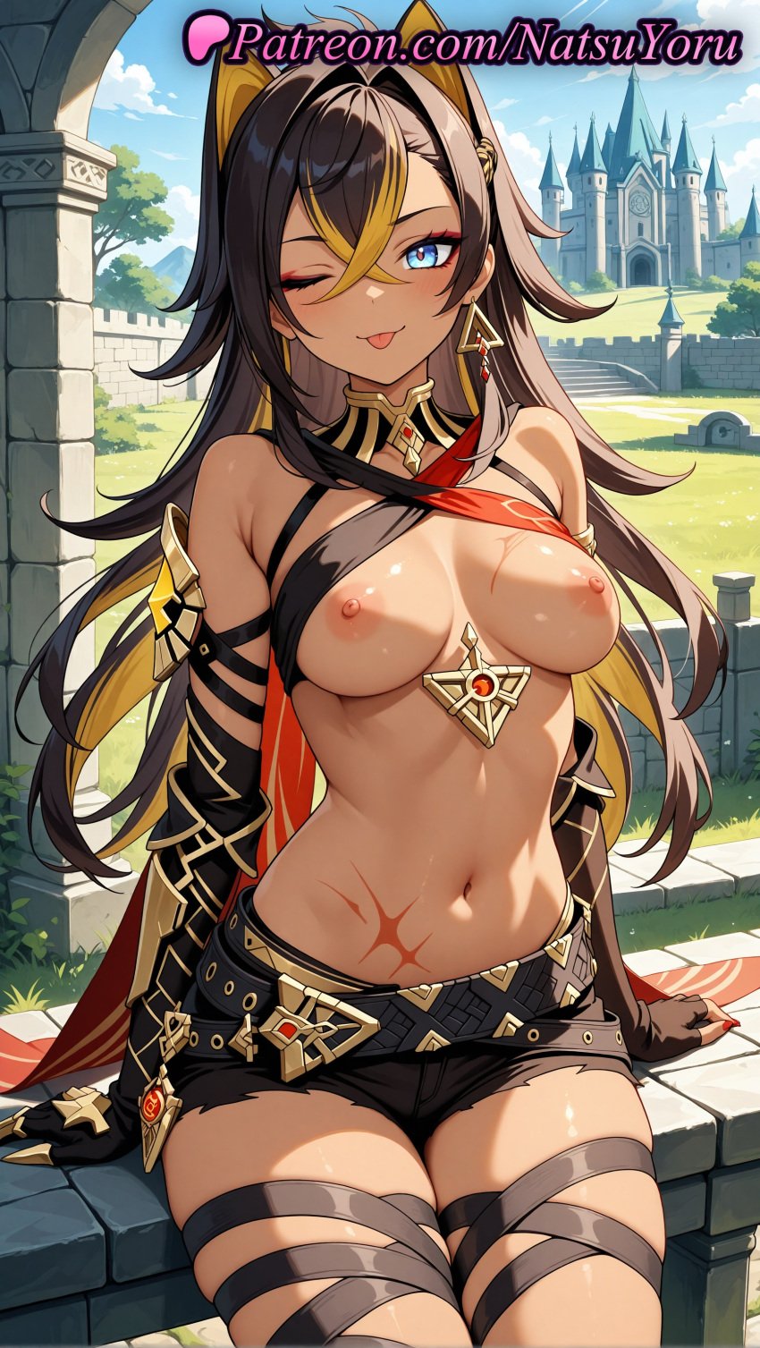 1girls 2025 ai ai_assisted ai_generated animal_ears anime anime_style arm_armor arm_support asymmetrical_clothes bangs bare_shoulders belt black_belt black_gloves black_hair black_shorts blonde_hair blue_eyes blue_sky blush breasts breasts_out brown_hair bust busty cowboy_shot criss-cross_halter crossed_bangs dangle_earrings dark-skinned_female dark_skin day dehya_(genshin_impact) earrings elbow_gloves female female_focus female_only fingerless_gloves gauntlets genshin_impact gloves hair_between_eyes hair_intakes halterneck hentai hi_res high_quality high_resolution highres hoyoverse jewelry large_breasts long_hair looking_at_viewer makeup medium_breasts mihoyo mihoyo_technology_(shanghai)_co._ltd. multi-colored_hair multicolored_hair natsuyoru navel neck_ring nipples nipples_outside one_eye_closed outdoors patreon scar short_shorts shorts single_earring sitting sky smile solo solo_female stable_diffusion stomach streaked_hair thigh_strap thighs tongue tongue_out torn_clothes two-tone_hair uncensored_nipples vision_(genshin_impact) voluptuous voluptuous_female