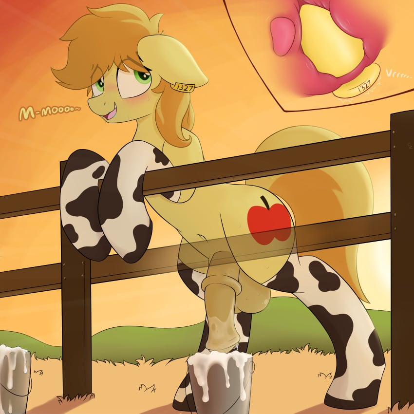 1boy against_fence anal_insertion animal_genitalia animal_penis arm_warmers armwear ballsack belly_button blush braeburn_(mlp) bucket buttplug buttplug_in_ass cow_print cow_print_arm_warmers cow_print_armwear cow_print_legwear cow_print_thighhighs cum_bucket cutie_mark czu ear_tag earth_pony equine_penis fence floppy_ears friendship_is_magic green_eyes hasbro hi_res legwear looking_sideways medial_ring milking milking_cum my_little_pony navel open_mouth open_smile pony prostate purple_hair purple_tail smile solo solo_focus solo_male stallion sunset thighhighs tongue x-ray yellow_fur