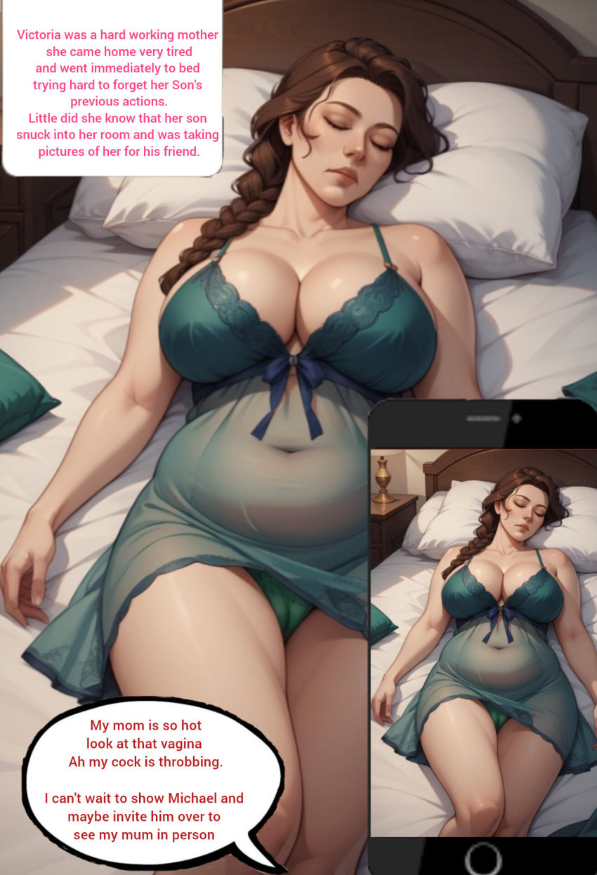 _victoria_(augus1u3) ai_generated big_breasts british british_female brown_eyes brown_hair imminent_rape imminent_sex incest milf mother mother_and_son nightgown panties sleeping spying_on_mom voyeurism