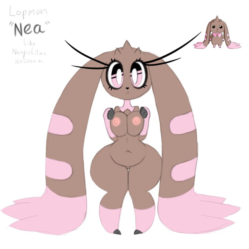 1:1 anthro anthro_only anthrofied areola bandai_namco bit-small black_eyes breasts brown_body brown_skin closed_frown digimon digimon_(species) dipstick_ears ear_markings eyelashes female hi_res long_eyelashes lopmon multicolored_ears navel nea_(bit-small) nipples pink_areola pink_body pink_eyes pink_nipples pink_skin pressing_breasts_together pupils simple_background solo white_background white_pupils wide_hips