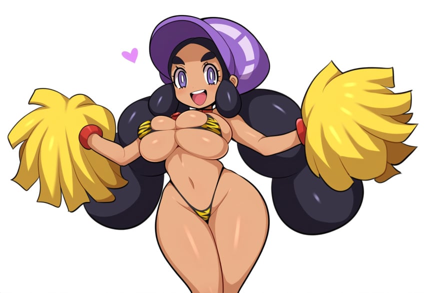 1girls ai_generated big_hair bikini breasts dark-skinned_female dark_skin female hapu_(pokemon) large_breasts mullon novelai pokemon_sm pom_poms short_stack thick_thighs wide_hips