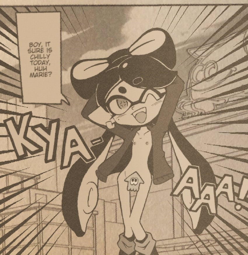 1girls bottomless callie_(splatoon) censored_pussy coroika english_text no_underwear official_style open_clothes paradia-ex solo_female splatoon talking_to_another winking_at_viewer