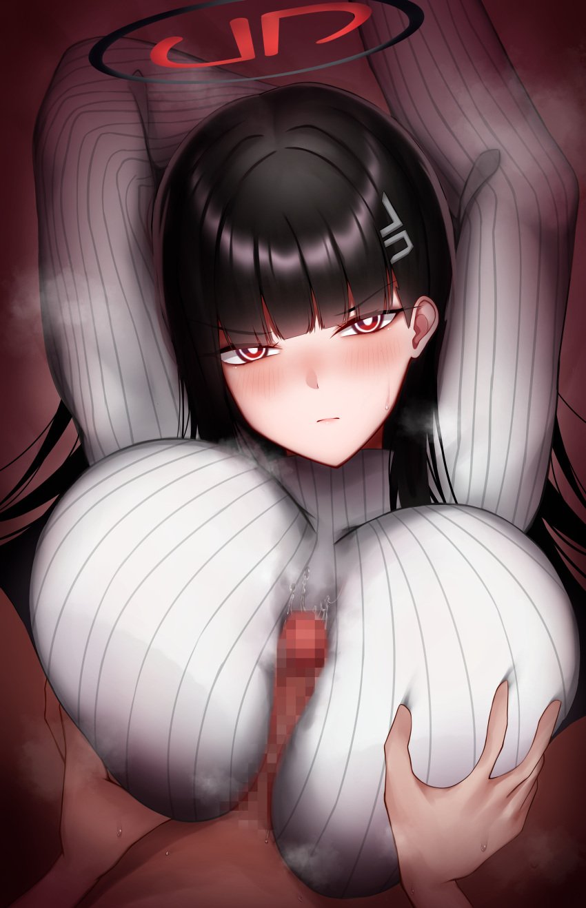 1boy absurdres arms_up black_hair blue_archive blunt_bangs blush breasts censored clothed_paizuri commission erection female glaring groping hair_ornament hairclip halo highres large_breasts long_hair looking_at_viewer medaka_teacher mosaic_censoring paizuri penis pov red_eyes ribbed_sweater ringed_eyes rio_(blue_archive) skeb_commission straight sweat sweater turtleneck turtleneck_sweater variant_set white_sweater