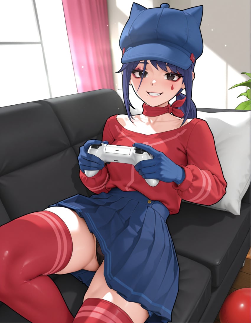 1girls ai_generated blue_eyes controller cool_mita_(miside) couch female gamer_girl hat looking_at_viewer miside mita_(miside) on_couch panties skirt smile thick_thighs thighhighs video_games