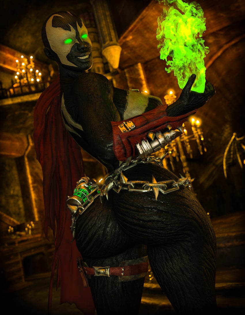 3d ass big_ass big_breasts breasts bustin3d chains fire glowing_eyes green_eyes green_fire highres jacqui_briggs looking_back mortal_kombat mortal_kombat_11 netherrealm_studios no_pupils sharp_teeth smile spawn