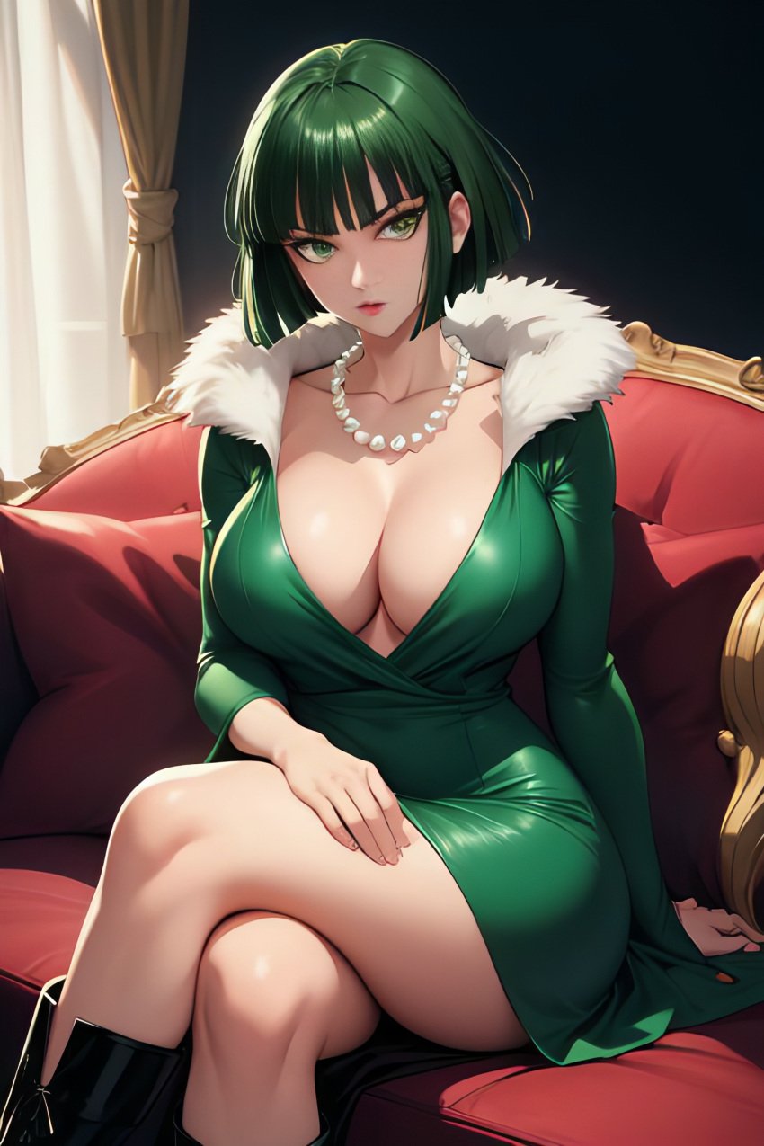 1girls ai_generated big_ass big_breasts cleavage crossed_legs curvy curvy_figure fubuki_(one-punch_man) green_dress green_eyes green_hair on_couch one_punch_man sitting solo