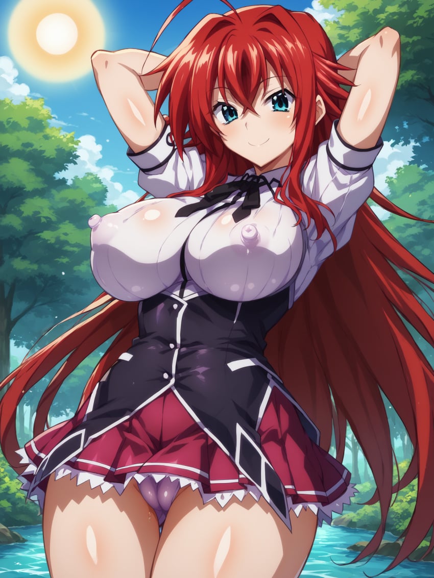 ai_assisted ai_generated beach big big_breasts cameltoe devil hard_nipples high_school_dxd outdoors rias_gremory second_skin skin_tight skintight smile