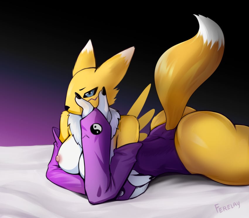 absurd_res anthro anthro_only areola bandai_namco bed big_breasts bodily_fluids breasts canid canine clothing digimon digimon_(species) female ferelay fur furniture hi_res lying mammal mature_female medium_breasts nipples on_front pink_areola pink_nipples renamon risl_zxc simple_background solo sweat