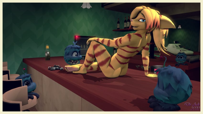 16:9 alcohol angela_cross anthro beverage border breasts doctor_ark female furniture group humanoid lombax mammal nipples nude on_table protopet ratchet_and_clank sony_corporation sony_interactive_entertainment table warfare_angela widescreen yellow_border