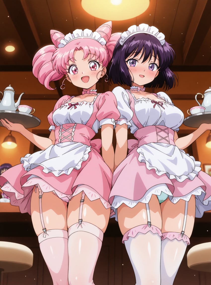 aged_up ai_generated bishoujo_senshi_sailor_moon chibi_usa female garter_straps hotaru_tomoe maid_apron maid_headdress maid_outfit maid_uniform pink_hair sailor_chibi_moon sailor_saturn serving_tray stockings tea_cup teapot