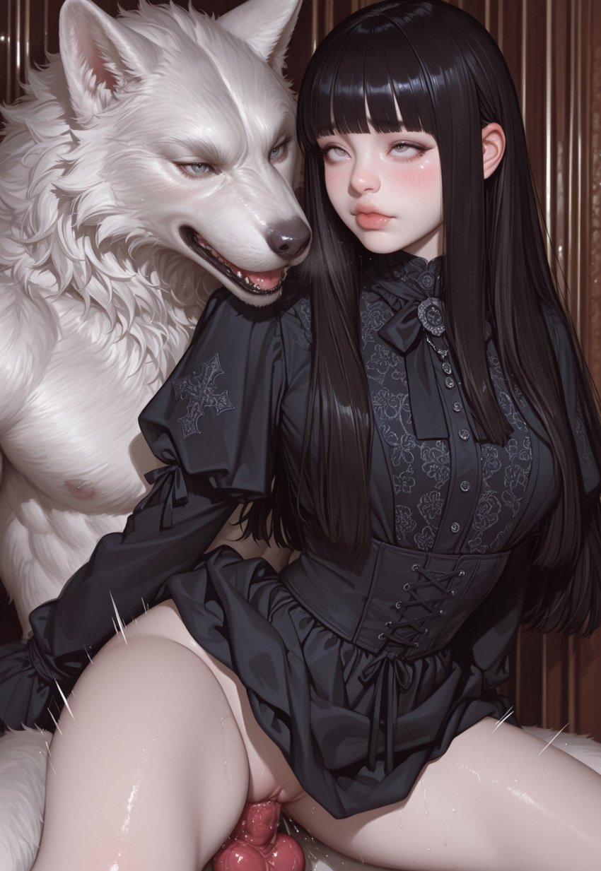 ai_generated amaranthine civitai dark_hair dress female female heiress_of_the_hidden_halls hime_cut knot laced_corset monster_on_female pale_skin pleasure_face sex teratophilia victorian_dress werewolf