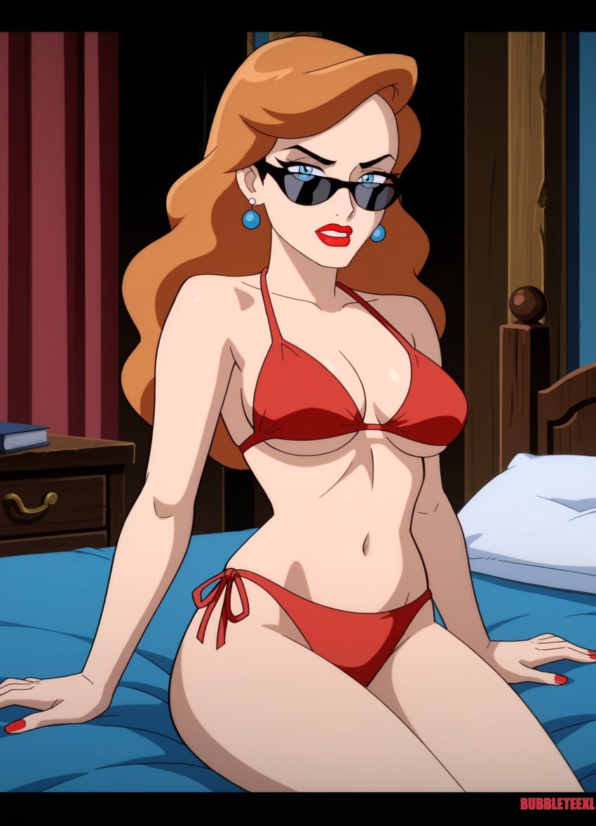 ai_assisted ai_generated andrea_beaumont batman:_mask_of_the_phantasm batman_(series) bikini bubbleteexl cartoon dc_comics dcamu dcau dcuaom looking_over_eyewear looking_over_sunglasses phantasm red_bikini side_tie_bikini side_tie_bikini_bottom sunglasses the_phantasm tinted_eyewear underboob