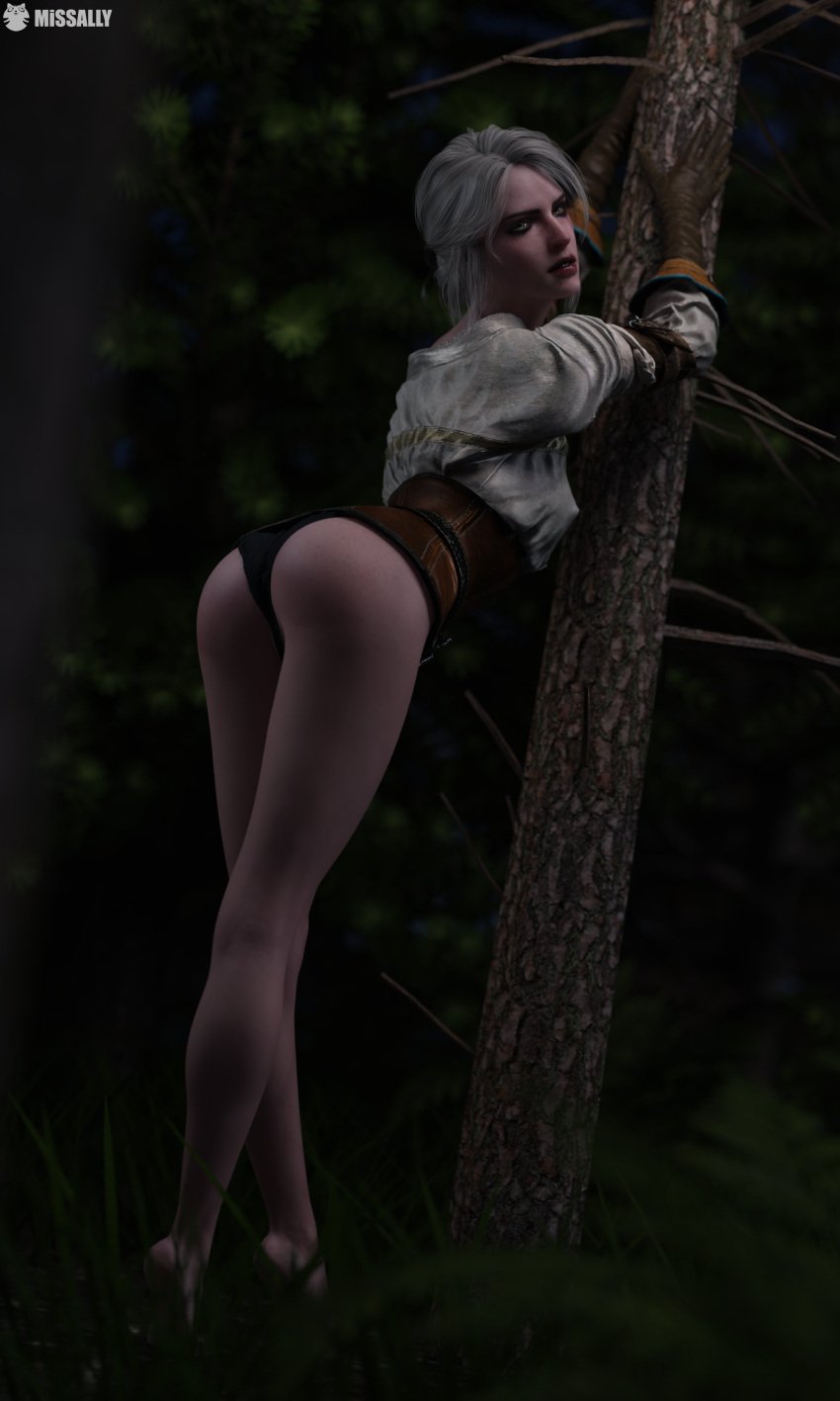 ass back_view black_panties cd_projekt_red ciri female freckles green_eyes light-skinned_female looking_at_viewer looking_back mascara missally outdoors panties scar solo the_witcher_(series) the_witcher_3:_wild_hunt white_hair