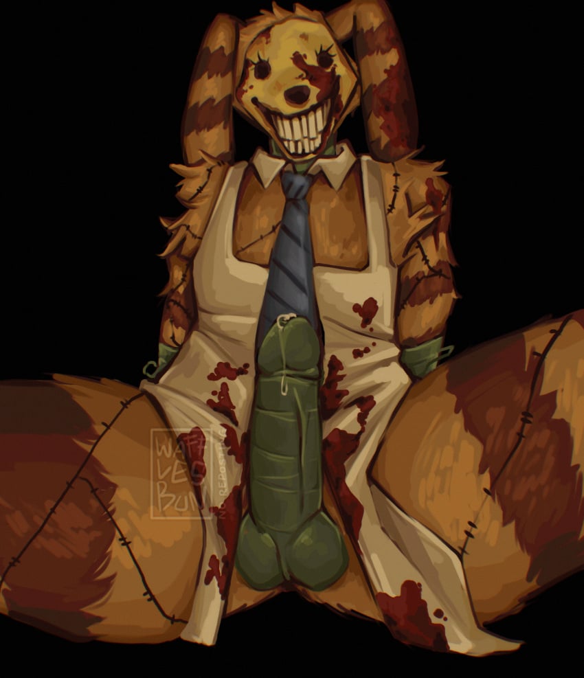 1futa animatronic anthro blood blood_on_face bunny cock crotch_shot horror lorenzo_waterman_(the_walten_files) murderer precum precum_drip pumpkin_rabbit_(the_walten_files) rabbit scary solo_futa stained_clothes the_mysterious_house the_walten_files thighs unusual_penis wafflesbun