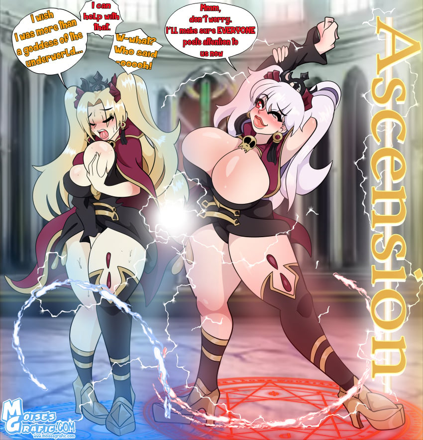 alternate_costume alternate_hair_color arms_above_head before_and_after blonde_hair blush breast_fondling breast_grab breasts cleavage closed_eyes cosplay crown dialogue drool earrings english_text ereshkigal_(fate/grand_order) fate/grand_order fate/stay_night fate_(series) femdom femsub fingering glowing happy_trance high_heels holding_breasts hypnotized_dom jewelry kama_(fate/grand_order) large_breasts magic magic_circle masturbation moisesgrafic one_eye_open open_mouth possession red_eyes speech_bubble standing sweat text thick_thighs thighhighs thighs tohsaka_rin transformation twintails white_hair wink