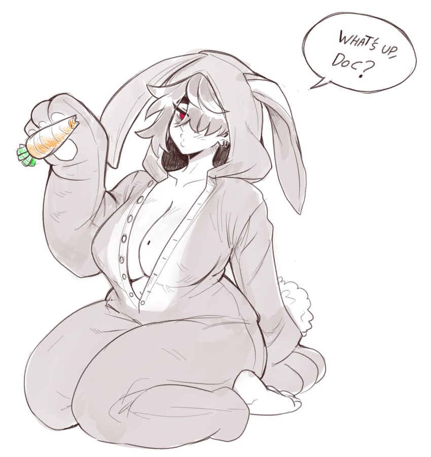 aunt aunt_hellen_(insouwu) belly_button big_breasts boobs breasts bunny_costume bunny_ears carrot eyebags insouwu massive_breasts mature_female milf mole mole_on_breast oc original_character red_eyes short_hair text text_bubble thick thick_hips thick_legs tomboy tomboy_milf