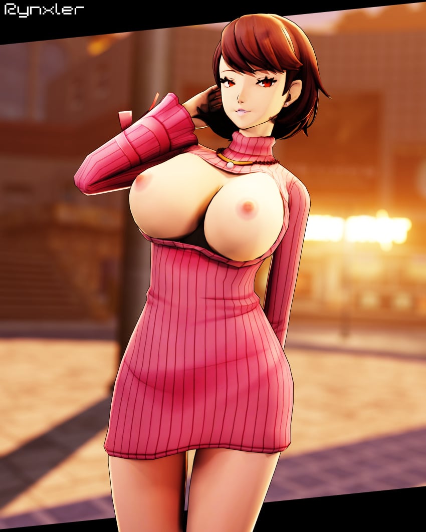 1girls 3d atlus big_breasts breasts brown_eyes brown_hair clothed clothing detailed_background exhibitionism female huge_breasts looking_at_viewer nipples persona persona_3 persona_3_fes persona_3_reload rynxler sweater yukari_takeba