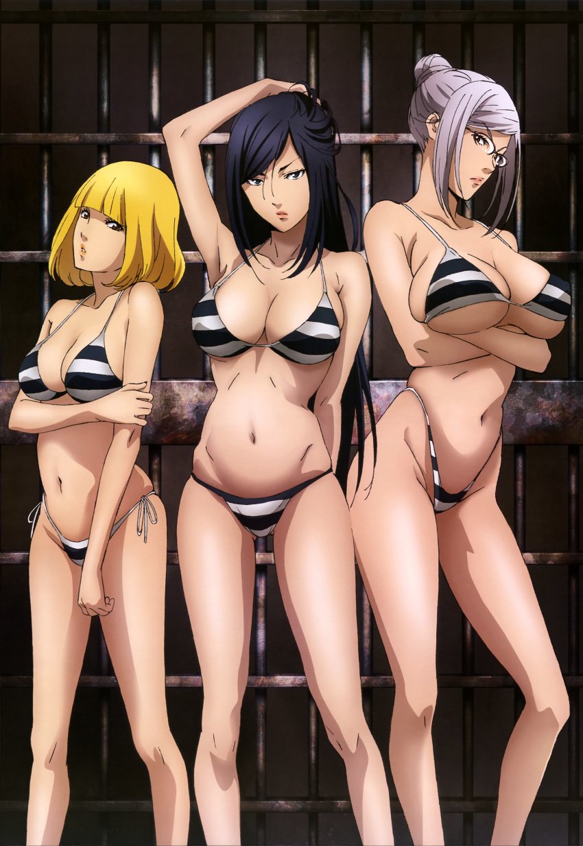 3girls abs armpits bare_legs bikini black_hair blonde_hair breasts brown_eyes female glasses kurihara_mari_(prison_school) large_breasts legs long_hair looking_at_viewer medium_breasts midorikawa_hana multiple_girls prison prison_school shiraki_meiko short_hair white_hair