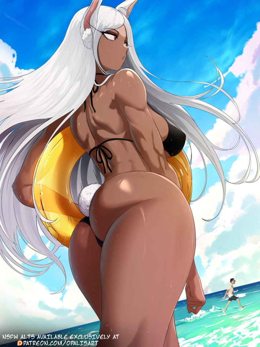 1boy ass beach bikini black_bikini blue_sky boku_no_hero_academia breasts dark-skinned_female dark_skin day female from_behind highres holding holding_swim_ring large_breasts long_hair miruko ocean opalis outdoors rabbit_girl rabbit_tail red_eyes rumi_usagiyama sky solo_focus swim_ring swimsuit tail very_long_hair water white_hair