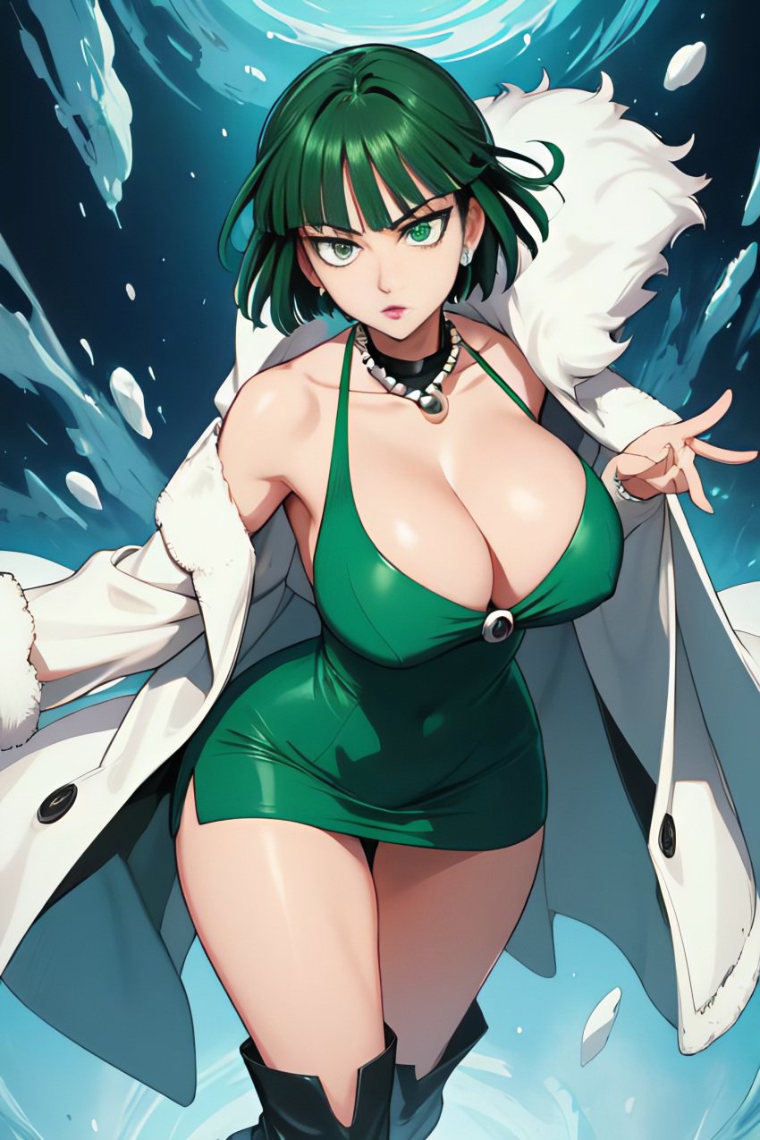 1girls ai_generated big_ass big_breasts cleavage curvy curvy_figure dh_lucky fubuki_(one-punch_man) green_dress green_eyes green_hair one_punch_man solo