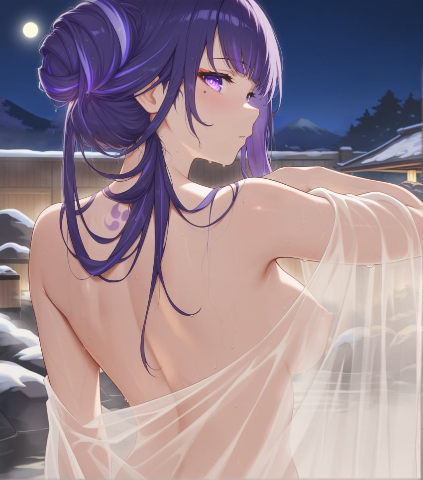 bare_shoulders big_breasts genshin_impact hot_spring moonlight onsen purple_eyes purple_hair raiden_ei raiden_shogun snow soft_lighting steam steamy transparent_clothing wet wet_hair wet_skin