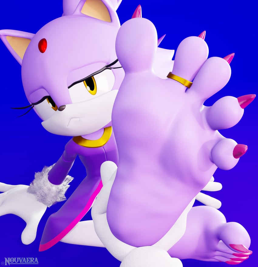 3d absurd_res anthro blaze_the_cat claws digit_ring digital_media_(artwork) embarrassed feet felid feline female foot_fetish footsie hi_res humanoid_feet jewelry mammal nouvaera paws plantigrade ring sega solo sonic_(series) sonic_the_hedgehog_(series) toe_ring toes