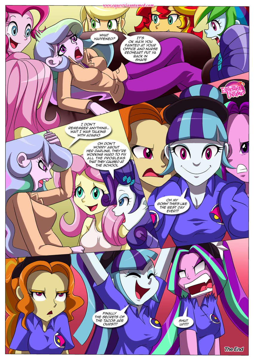 10girls 4_panel_comic 6+girls adagio_dazzle applejack_(eg) applejack_(mlp) aria_blaze cleavage comic comic_page dialogue equestria_girls equestria_untamed fluttershy_(eg) fluttershy_(mlp) friendship_is_magic lying lying_on_back lying_on_sofa my_little_pony open_mouth page_16 pinkie_pie_(eg) pinkie_pie_(mlp) princess_celestia_(mlp) principal_celestia rainbow_dash_(eg) rainbow_dash_(mlp) rainbow_rocks raised_arms rarity_(eg) rarity_(mlp) smooth_skin sonata_dusk speech_bubble sunset_shimmer text the_dazzlings the_dazzlings_revenge