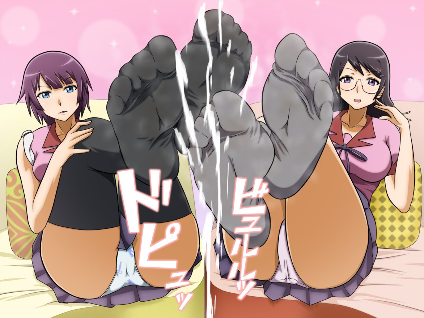 2girls araragi_koyomi bakemonogatari black_hair blue_eyes boku_to_kanojo_to_migite_no_kanojo cg covered_pussy cum feet female femdom foot_fetish game hanekawa_tsubasa large_breasts monogatari_(series) multiple_girls panties school_uniform senjougahara_hitagi skirt sniff sniffing vermilion violet_hair