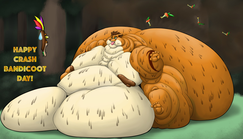 aku_aku bandicoot crash_(series) crash_bandicoot fart food forest fruit male male_only mammal marsupial moobs nipples obese overweight panting sweat tree wolfgerlion64 wumpa_fruit