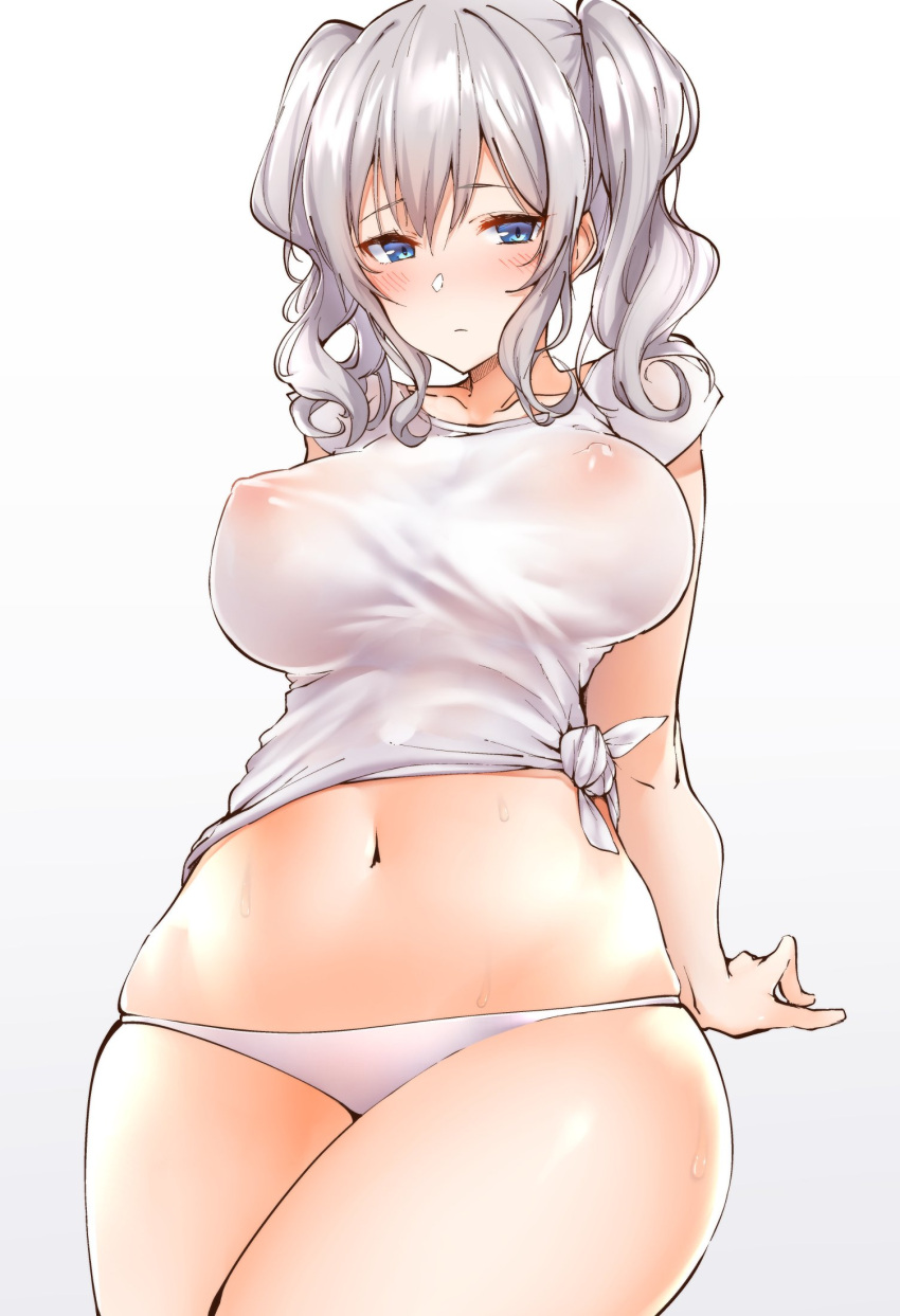 arm_support arms_behind_back blue_eyes blush breasts closed_mouth collarbone cowboy_shot female hechi_(hechi322) highres impossible_clothes impossible_clothing impossible_fit impossible_shirt kantai_collection kashima_(kantai_collection) large_breasts looking_at_viewer navel no_pants panties see-through shiny shiny_hair shirt short_sleeves sidelocks silver_hair simple_background sitting skindentation solo tied_shirt twintails underwear upper_body wavy_hair wet wet_clothes white_background white_panties white_shirt