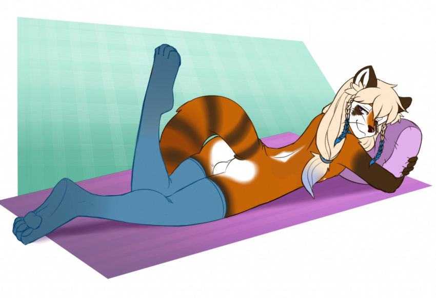 2016 anthro ass backsack balls blonde_hair blue_hair braided_hair brown_fur clothing fur girly hair legwear lokkun long_hair looking_back lying male mammal mostly_nude multicolored_fur multicolored_hair on_front pillow pillow_hug purple_eyes raised_leg red_panda scarlet-frost seductive smile solo stockings striped_tail stripes thigh_highs two_tone_hair white_fur