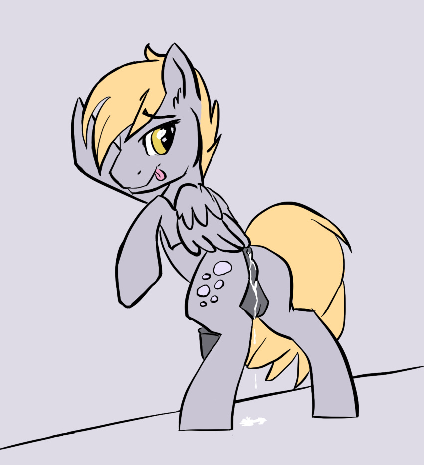 after_sex animal_genitalia animal_penis anus ass backsack balls blonde_hair cum cum_drip cum_in_ass cum_inside cum_on_balls cutie_mark derpy_hooves dopey_hoof_(mlp) dripping equine_penis feathered_wings feathers feral friendship_is_magic fur grey_fur grey_penis hair hooves horsecock looking_back male my_little_pony notsafeforhoofs penis perineum presenting presenting_hindquarters raised_tail rule_63 simple_background standing tongue tongue_out wings yellow_eyes