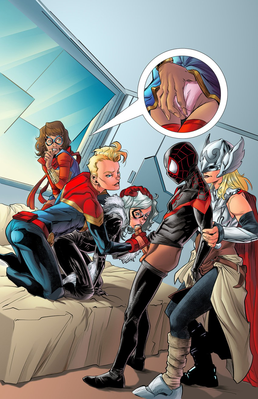 1boy 2d 2d_(artwork) 4girls ass assisted_fellatio avengers balls bayushix black_cat_(marvel) blonde_hair blue_eyes bodysuit brown_eyes brown_hair cape captain_marvel carol_danvers clothed_sex clothing color dark-skinned_female dark-skinned_male dark_skin domino_mask felicia_hardy fellatio female femdom femsub forced_partners hand_on_penis harem helmet holding_penis human human_only illustration indoors inside interracial jane_foster kamala_khan lady_thor legs light-skinned_female light_skin long_hair male malesub manual marvel masturbation miles_morales ms._marvel multiple_girls muslim muslim_female oral oral_sex pakistani pakistani_female panties penis room sex shoes short_hair silver_hair spider-man_(miles_morales) spider-man_(series) straight straight_hair superhero superheroine testicles thighs thor_(series) uncensored white_hair