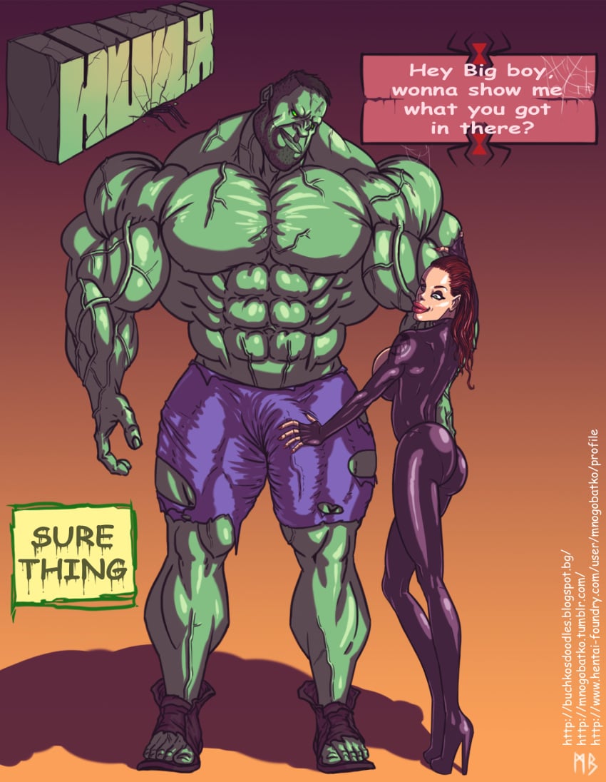 1boy 1girls abs avengers beard bimbo black_widow_(marvel) bodysuit breasts_bigger_than_head bulge cover dat_ass female green-skinned_male high_heels hulk hulk_(series) human imminent_sex light-skinned_female light_skin male marvel marvel_comics mnogobatko muscular natasha_romanoff parody red_hair s.h.i.e.l.d. sideboob size_difference standing straight torn_clothes vascular