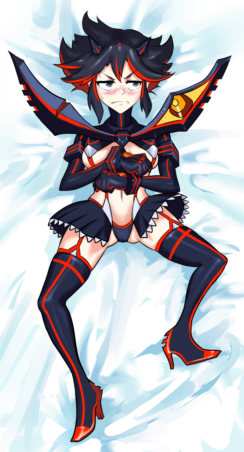 1girls black_hair boots breasts cameltoe character_request dakimakura female female_only gangnam_style high_heel_boots high_heels highres kill_la_kill matoi_ryuuko microskirt multicolored_hair navel park_jae_sang parody red_hair revealing_clothes short_hair skirt solo suspenders thigh_boots thighhighs triple-q two_tone_hair underboob