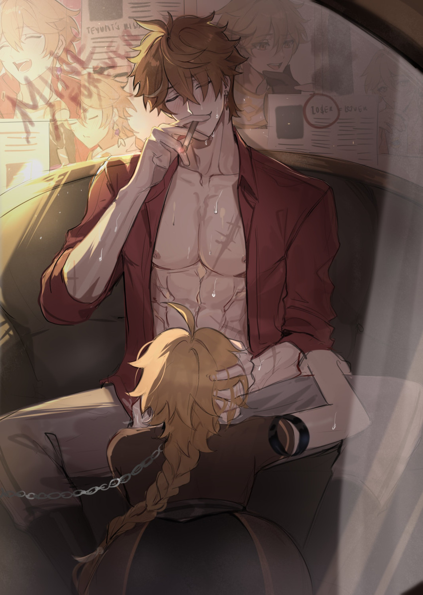 2boys abs absurdres aether_(genshin_impact) ahoge blonde_hair blush brown_shirt chains cigarette closed_eyes couch earrings fellatio gay genshin_impact grey_pants ha_ze highres holding holding_cigarette jewelry kneeling multiple_boys muscular muscular_male open_clothes open_shirt oral orange_hair pants red_shirt scar scar_on_chest shirt sitting sweat tartaglia_(genshin_impact) yaoi