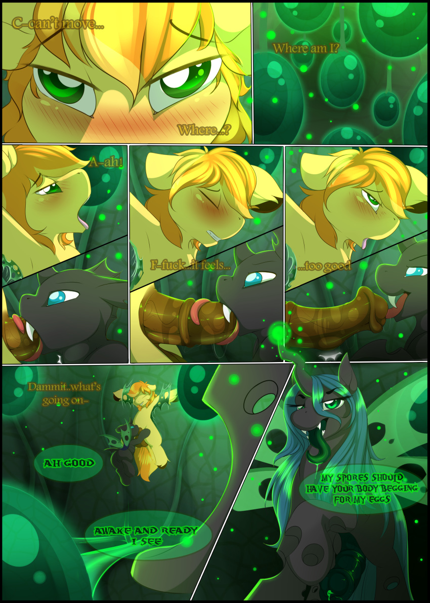 2016 absurd_res ambiguous_gender animal_genitalia animal_penis armpits blush bound braeburn_(mlp) camychan changeling closed_eyes dialogue drone_(mlp) duo earth_pony english_text equine equine_penis fangs feral friendship_is_magic green_eyes hair half-closed_eyes hi_res hole_(anatomy) horn horse horsecock insect_wings long_tongue male male/ambiguous mammal my_little_pony open_mouth oral penetration penis pony queen_chrysalis_(mlp) restrained sex text tongue tongue_out urethral urethral_insertion urethral_penetration wings