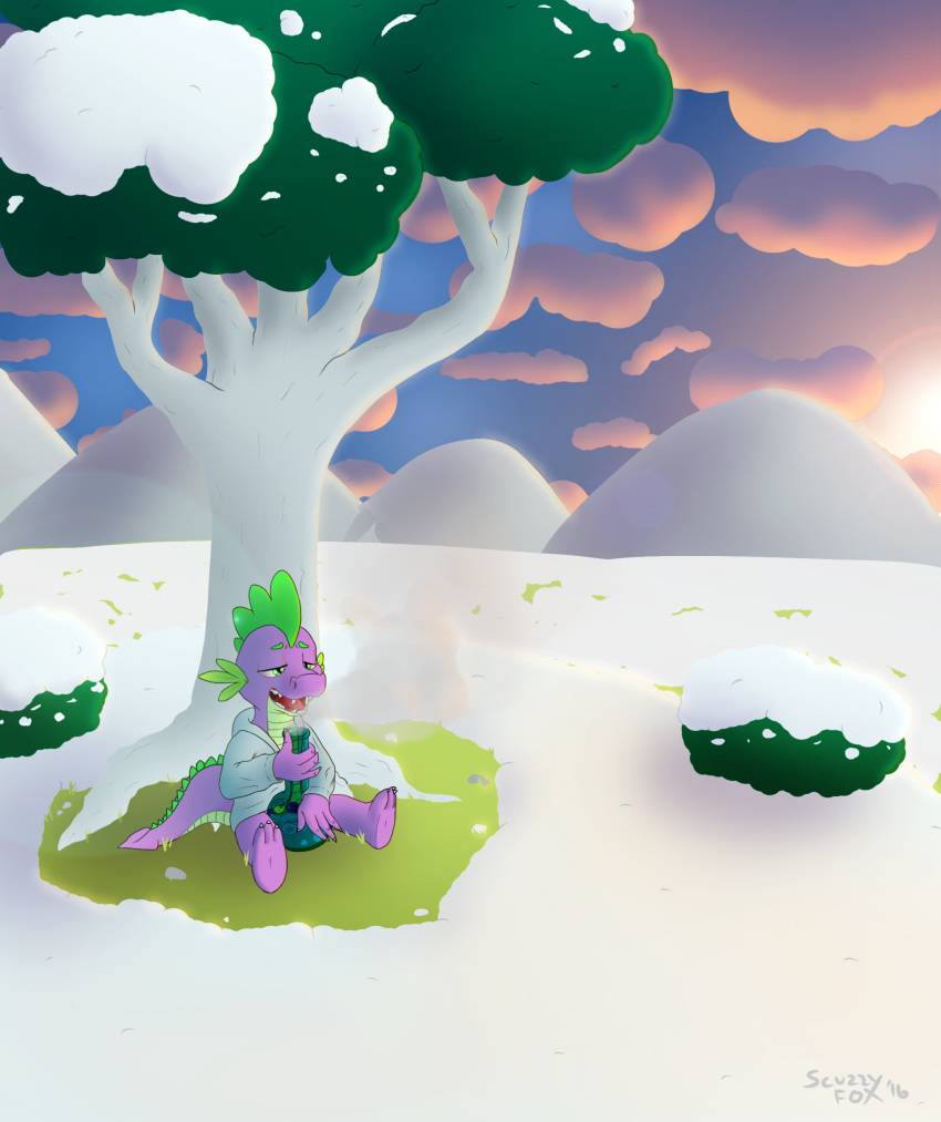 2016 balls bottomless briefs bulge clothed clothing dragon drugs friendship_is_magic green_eyes green_scales hi_res hoodie male male_only marijuana my_little_pony open_mouth outside purple_scales scales scalie scuzzyfox smoke smooth_skin spike_(mlp) sunrise teeth tongue tree underwear