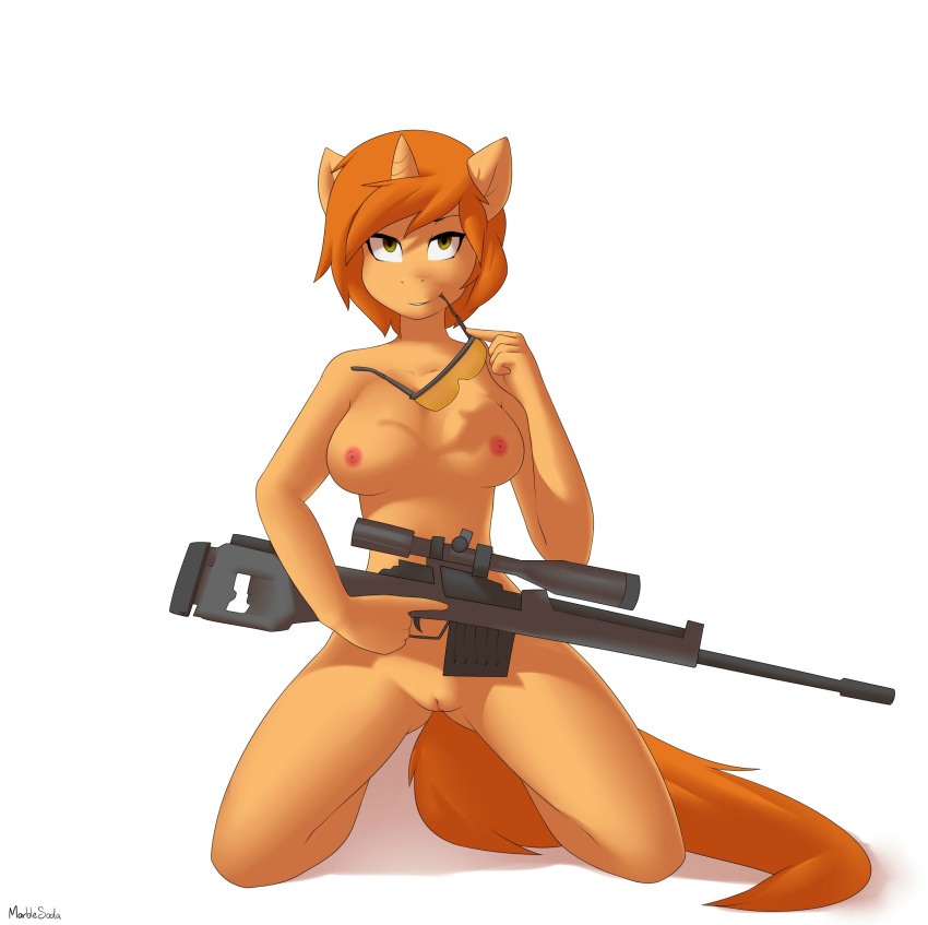 anthro breasts derpah equine eyewear female green_eyes hair high_impact horn kneeling looking_at_viewer mammal nipples nude pussy ranged_weapon solo sunglasses unicorn weapon