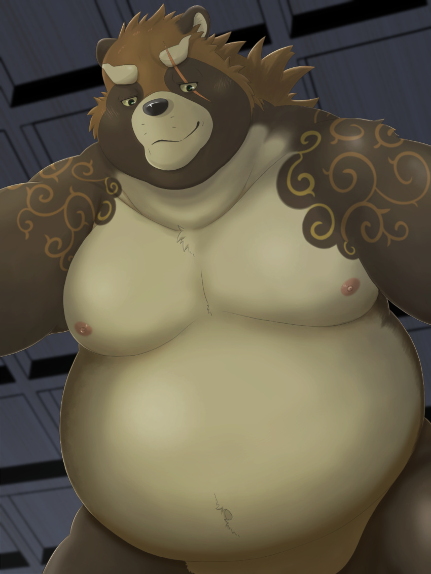 2019 3:4 anthro belly canid canine eye_scar fupa gyobu hi_res jinku_56 looking_at_viewer looking_down male male_only mammal moobs navel nipples nude overweight overweight_male raccoon_dog scar solo tanuki tattoo tokyo_afterschool_summoners video_games